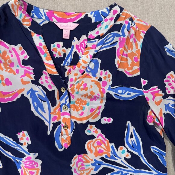Lilly Pulitzer Silk Floral Blouse Women’s Small Navy Pink Orange Long Sleeve Top - Picture 3 of 7